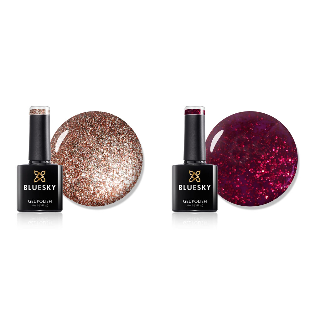 Bluesky Red/Gold Gel Nail Polish Set, Duo, Tinsel Toast 80544 And Ruby Ritz 80545, Glitter, Long Lasting, Chip Resistant, 10 Ml (Requires Drying