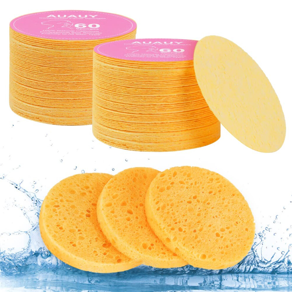 Auauy Compressed Facial Sponges, 60 Count Cellulose Facial Sponges For Daily Cleansing, 100% Natural Wood Pulp Cotton Face Washing Sponge For Facial
