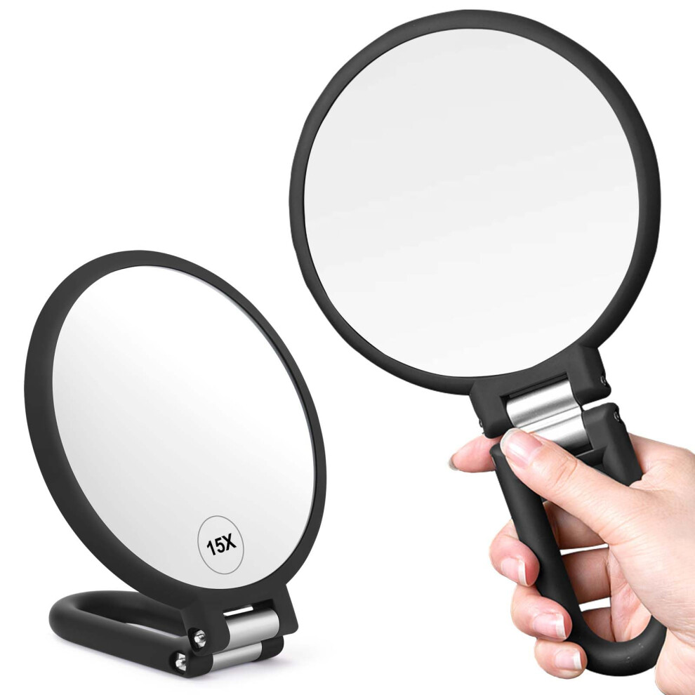 Clsevxy Magnifying Handheld Mirror Double Sided, 1X 15X Magnification Hand Mirrors, Travel Folding Hand Held Mirror, 360?Rotation Pedestal Makeup