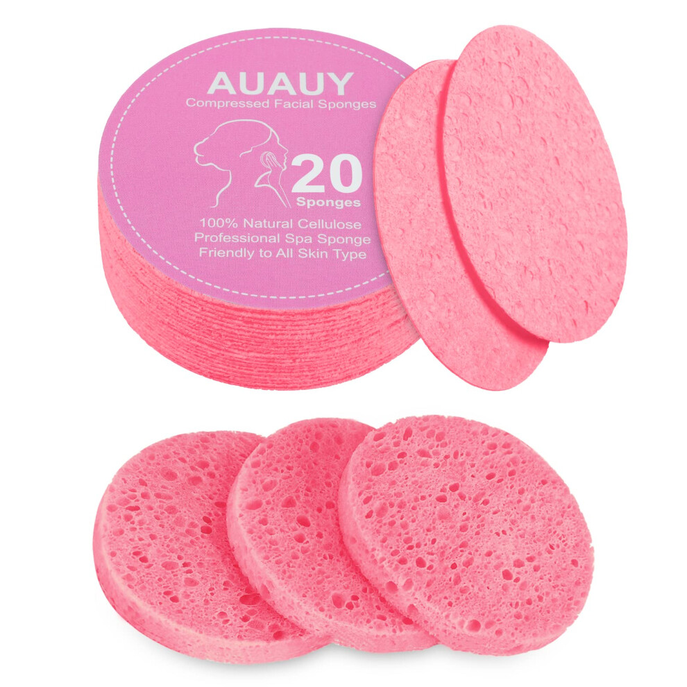 Auauy Compressed Facial Sponges, 20 Count Cellulose Facial Sponges For Daily Cleansing, 100% Natural Wood Pulp Cotton Face Washing Sponge For Facial