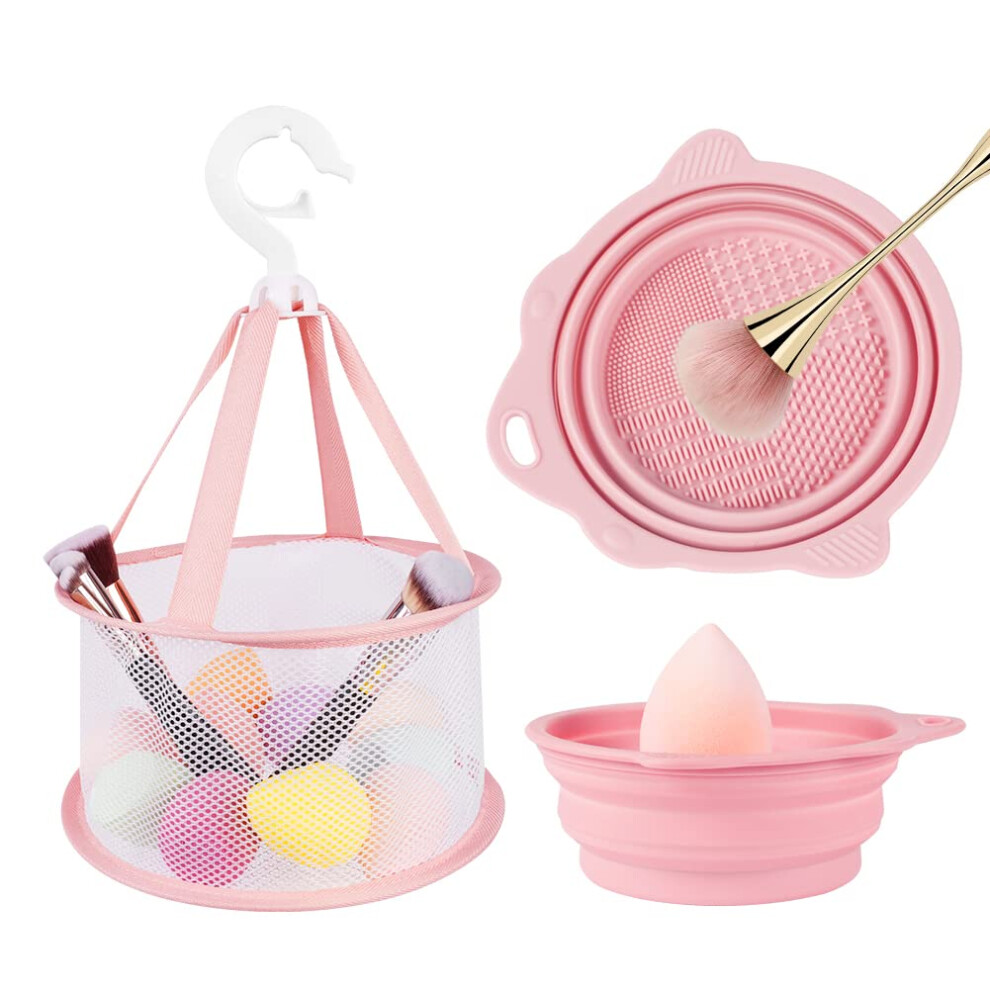 Auauy Makeup Brush Cleaning Mat & Hanging Drying Net, Foldable Makeup Brush Cleaner, Silicone Brush Cleaning Bowl With Mesh Drying Rack Basket To Dry