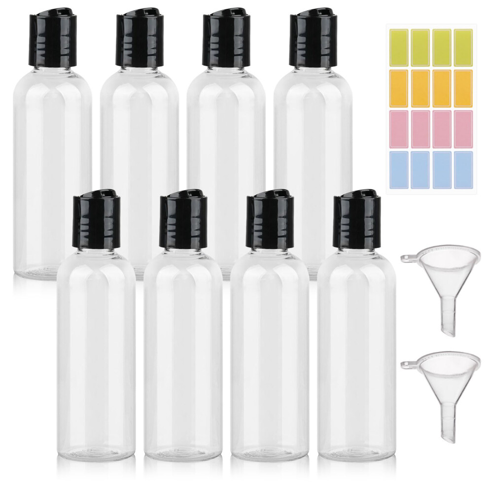 Ailvor 8Pcs 100Ml Travel Bottles,Resuseable Empty Refillable Plastic Bottles,Clear Container Travel With 2 Funnels And Colorful Labels For Shampoo