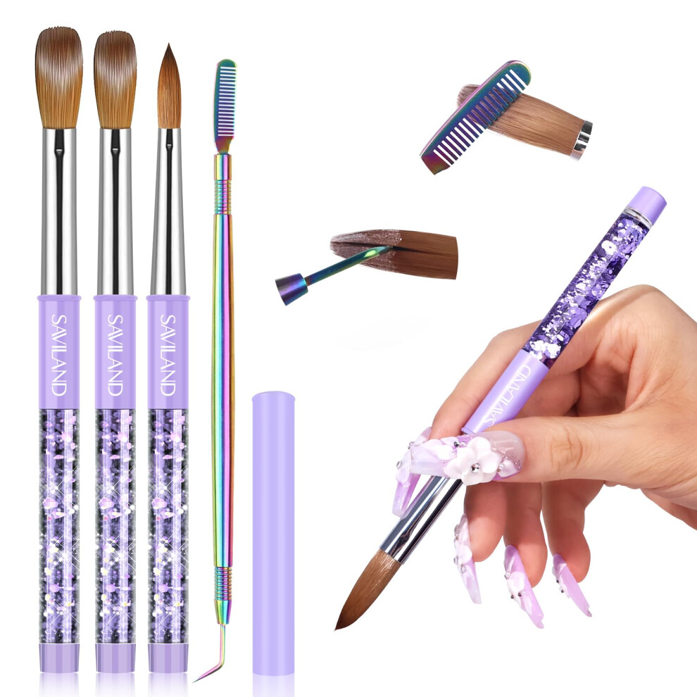 Saviland Purple Kolinsky Acrylic Nail Brush Set: Size 6,10,14 Professional Nail Brushes With Cleaner Tool Quicksand Metal Handle For Acrylic Powder