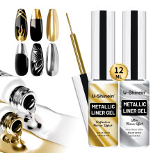 U-Shinein 2x12ml Metallic Painting Nail Gel Liner, Gold & Super Silver Metal Painted Drawing Gel, Strong Mirror Reflection Nail Art Paint, Nail Liner