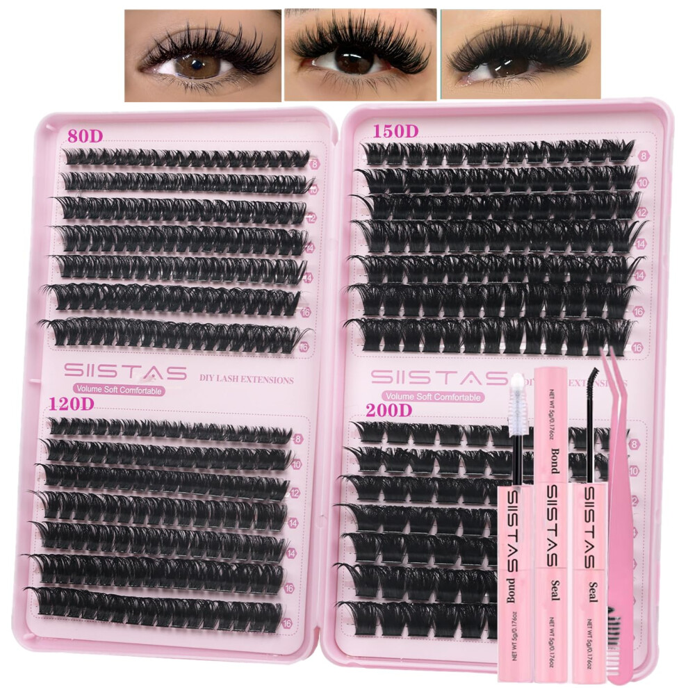 Siistas Cluster Lashes Kit 80D-200D Thick Individual Cluster Lashes Book With Eyelash Glue & Seal D Curl Eyelashes Natural Lash Clusters Fluffy Diy