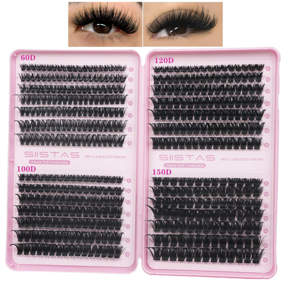 Siistas Individual Eyelashes 455Pcs Natural Cluster Lashes D Curl Fluffy Lash Clusters Wispy Russian Eyelashes Extensions 60D+100D+120D+150D Thick Eye Lashes