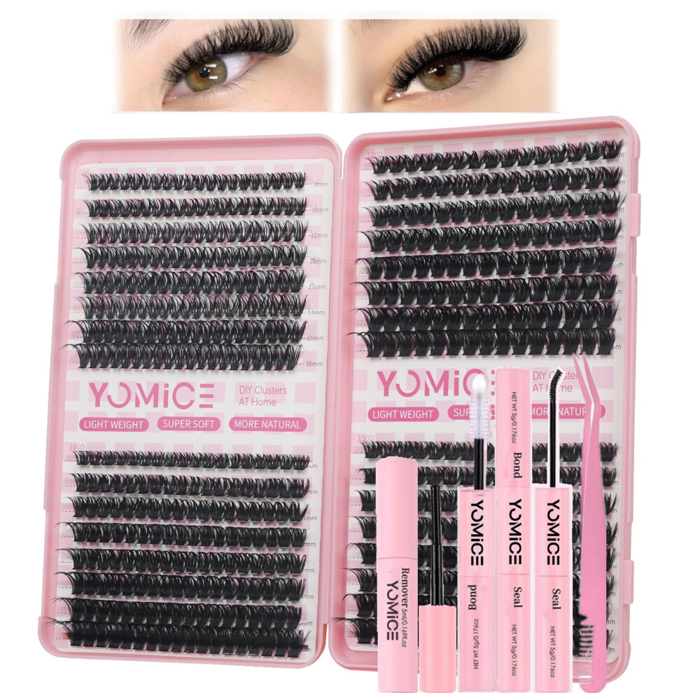 Yomice Individual Eyelashes Cluster Lashes Kit 540Pcs 60D 100D 120D 150D Cluster Lashes Book With Eyelash Glue & Remover 8-16Mm D Curl Thick False Lash