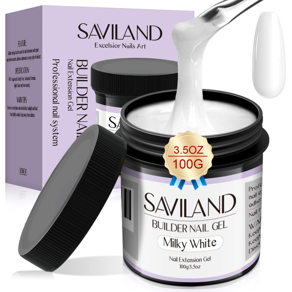 Saviland White 100G Milky Builder Nail Gel ? 3.53Oz Hard Gel For Nails Large Capacity Nail Strengthen Gel For Nail Extension Nail Art Manicure Starter