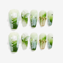 Handmade Press On Nail Medium Long Coffin Ballerina Green Flower Butterfly Fake Tip 3D Design Art Charms Cute with Storage Box 10 Pcs (#009 L)