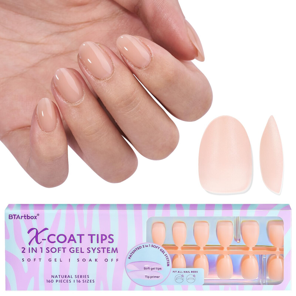 Btartbox Almond Nail Tips Extra Short - Xcoattips Nude Soft Gel Nail Tips Upgraded Full Matte Pre-Applied Tip Primer, Pre-Colored Press On False Nails