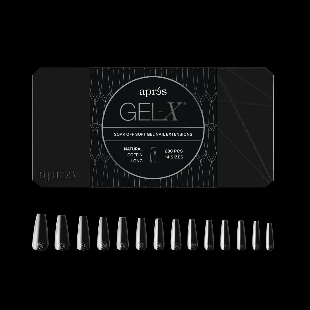 AprãÂ°S Apres Gel-X? Coffin Box Of Nail Tips | 280 Soft Gel Tips, 14 Sizes 00-9 | Half-Sizes Included (Natural Coffin Long, 280 Count)