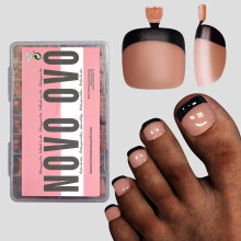 NOVO OVO Halloween Black French Tip Toe Nail Tips Press on, Soft Gel Toenail Extension, ORANGE PINK Square Round Pre-applied Tip Primer & Base Coat,