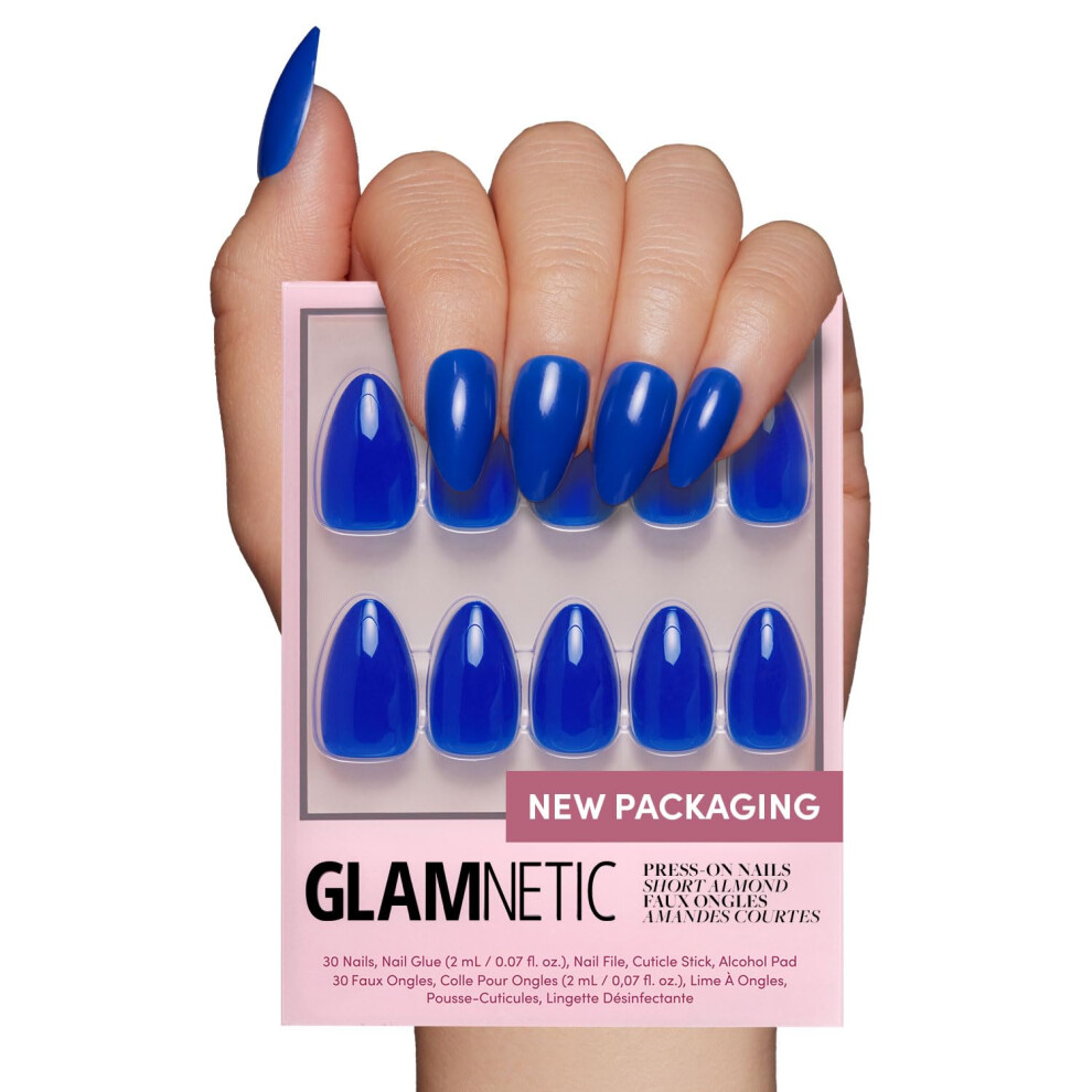 Glamnetic Blue Press On Nails - Cobalt | Opaque Bright Vibrant Short Almond Fake Nails, Reusable | 15 Sizes - 30 Nail Kit