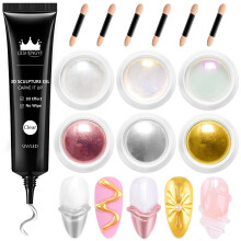 BISHENGYF Multifunctional 3d Nail Gel: No Wipe 15g 3d Gel For Nails And 6pcs Silver/Gold Chrome Nail Powder,Metallic Yellow Pearl Chrome Nail