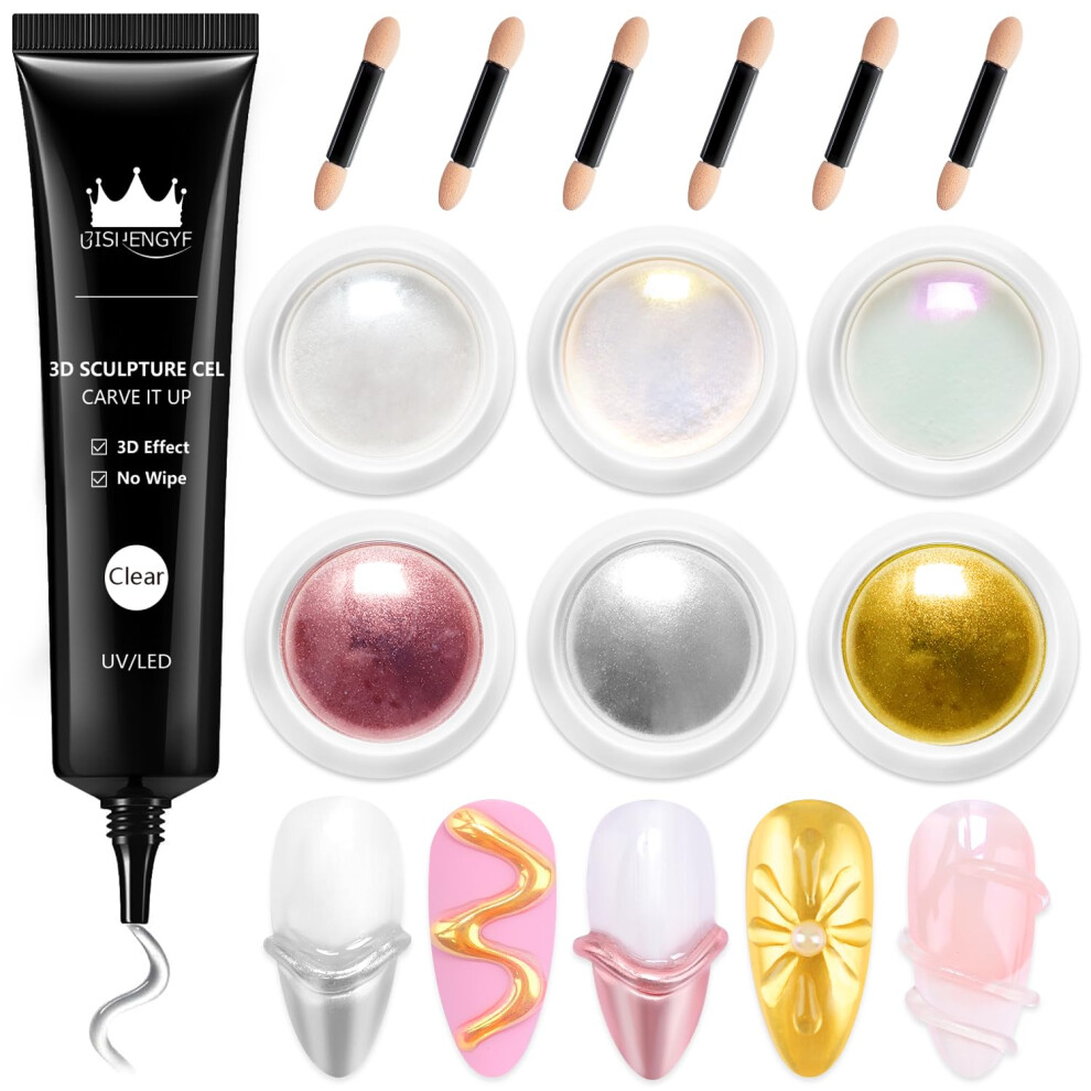 Bishengyf Silver/Gold/Yellow Multifunctional 3D Nail Gel: No Wipe 15G 3D Gel For Nails And 6Pcs / Chrome Nail Powder,Metallic Pearl Chrome Nail