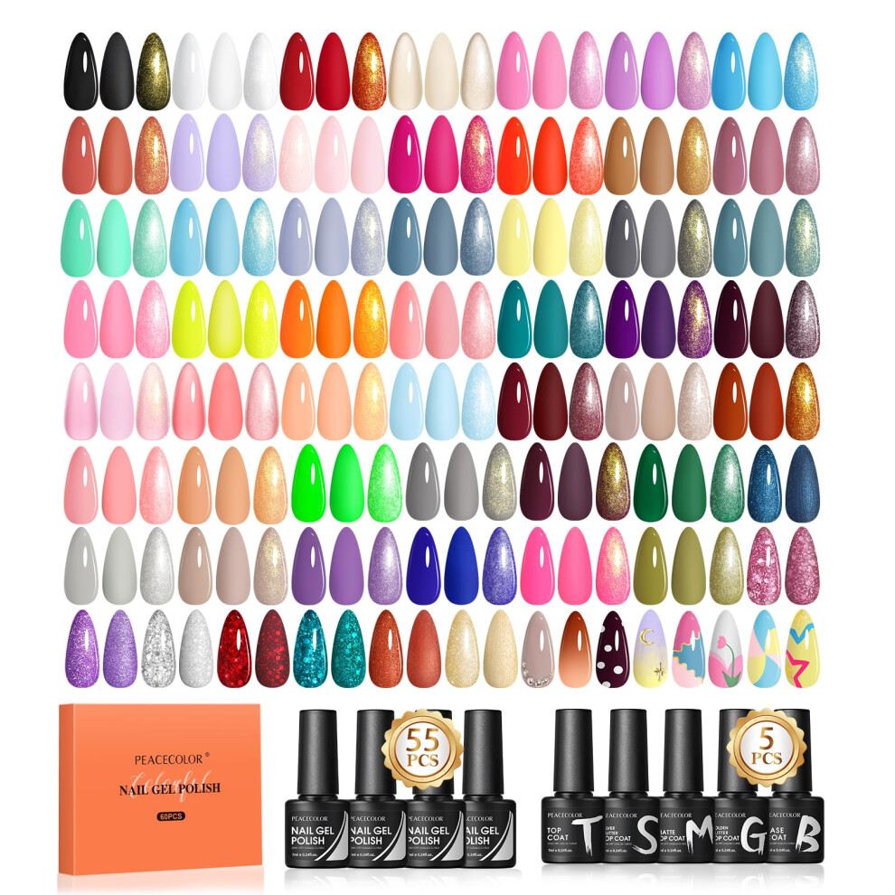 Peacecolor Pink/White 60Pcs Gel Nail Polish Set 55 Colors Gel Polish Kit With Glossy/Matte/Glitter 5Pcs Top Coat & Base Coat Soak Off U V Lamp Glitter
