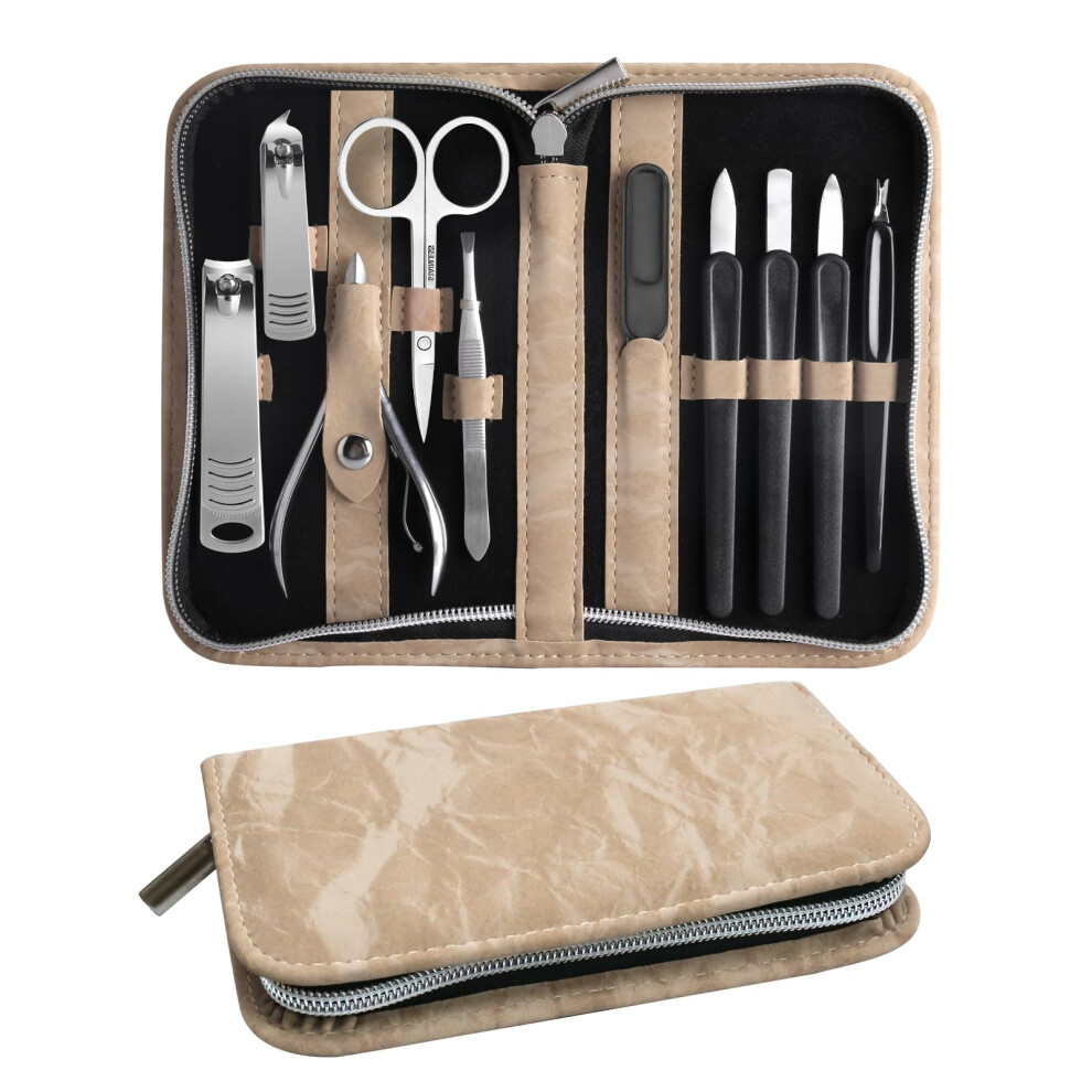 Sopolise Brown Manicure Set 10Pcs Professional Nail Clippers Kit Pedicure Care Tools-Stainless Steel Grooming Tools For Travel