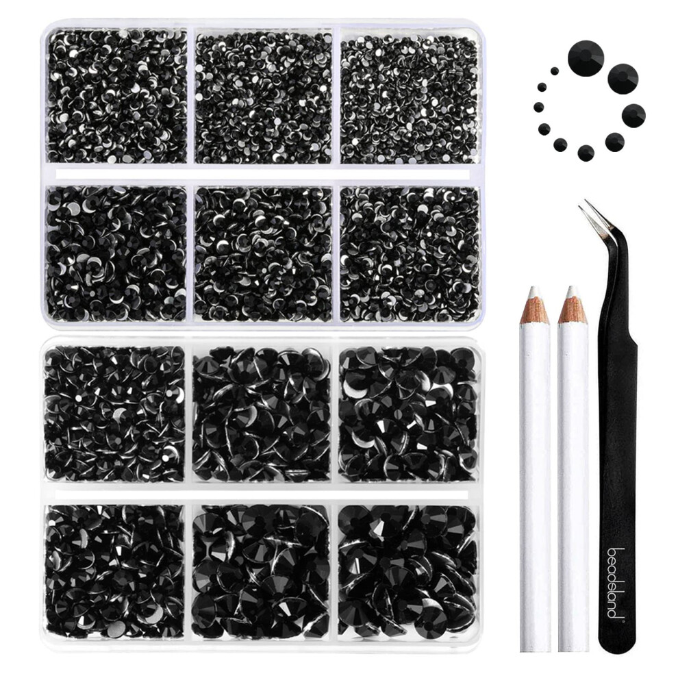 Beadsland Black 8300Pcs Flatback Rhinestones, Rhinestone Nail Gems Round Crystal Rhinestones For Crafts, Mixed 10 Sizes With Wax Pencil And Tweezer