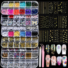 Teenitor Nail Rhinestones Nail Art Tools with 15 Sheets Gold Nail Art Stickers, 6 Boxes of Nail Charms Nail Gems Nail Pearls Nail Jewels