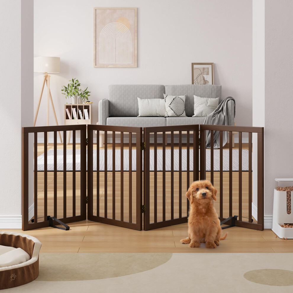 Semiocthome Bamboo Freestanding Dog Gates For Doorways,Extra Wide 4-Panel Pet Barrier With 2 Metal Stands,60Cm(H) Foldable Indoor Wooden Dog Gate For
