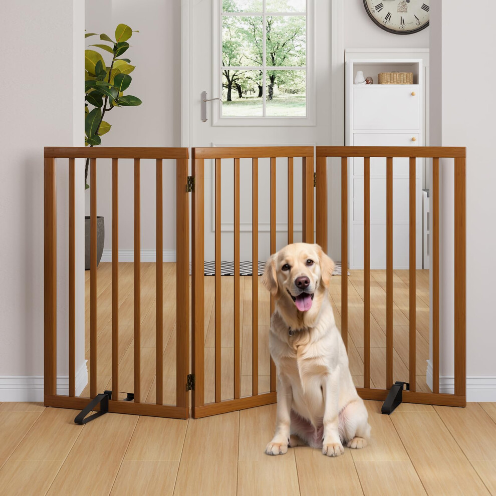 Semiocthome Wood Dog Gates And Barriers Indoor 3-Panel Freestanding Dog Gates For The House With 2 Metal Stands 82Cm(H) Folding Pet Gate For Stair