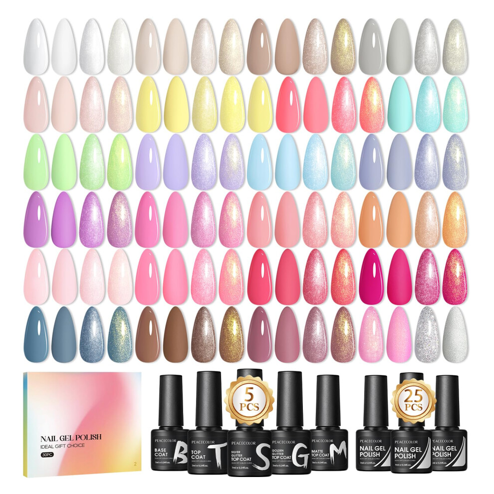 Peacecolor Pink/White 30Pcs Gel Nail Polish Set, Soak Off Gel Polish Set Pastal Nail Kit With Base Coat And Glitter Matte & Glossy Top Coat Nail Art