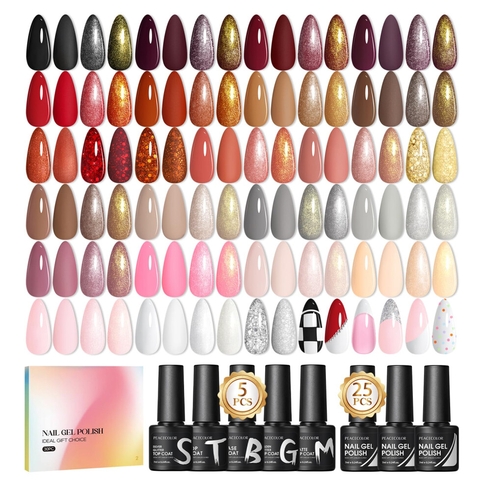 Peacecolor Black/Red/Brown 30Pcs Gel Nail Polish Set, Soak Off Gel Polish Set Nail Kit With Base Coat And Glitter Matte & Glossy Top Coat Nail Art Set