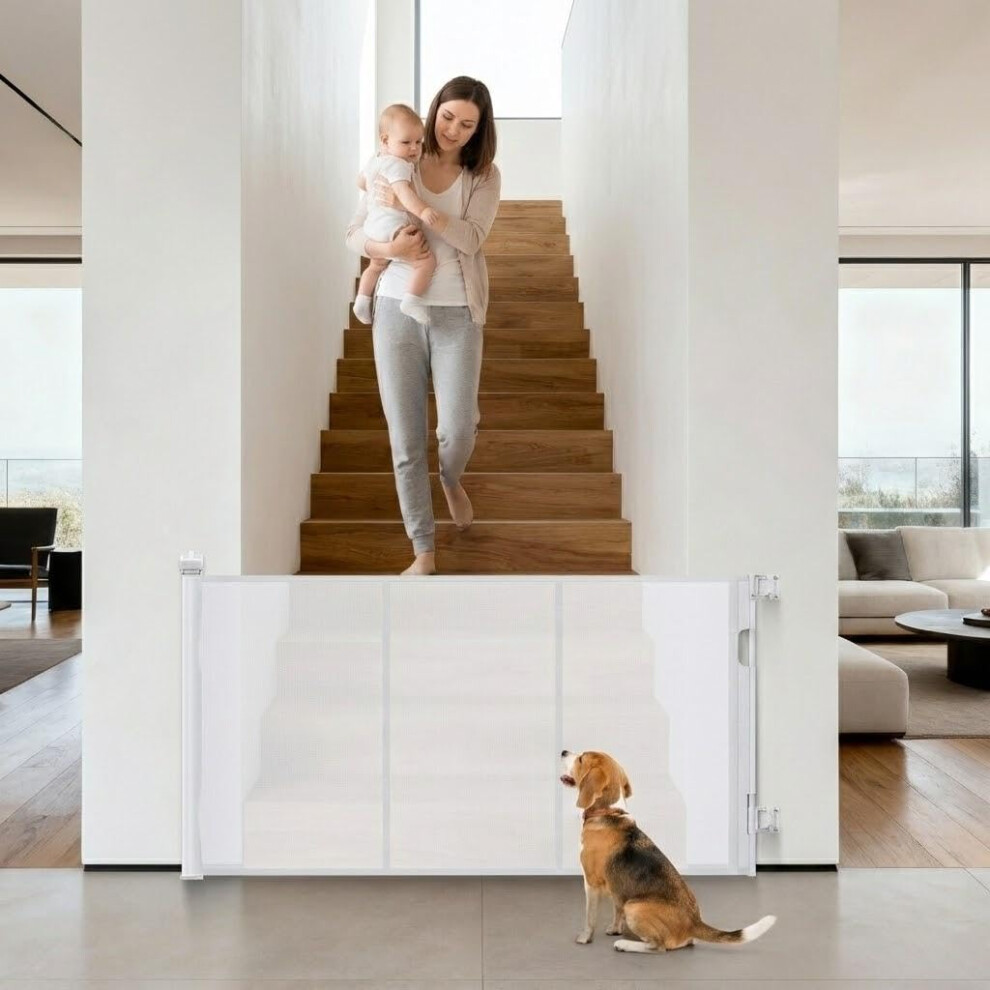 Retractable Stair Gate ,140Cm Wide X 86Cm High,Safety Gate For Dogs,Fibreglass Reinforced Mesh,Adjustable Bottom For Skirting White Maxetodo