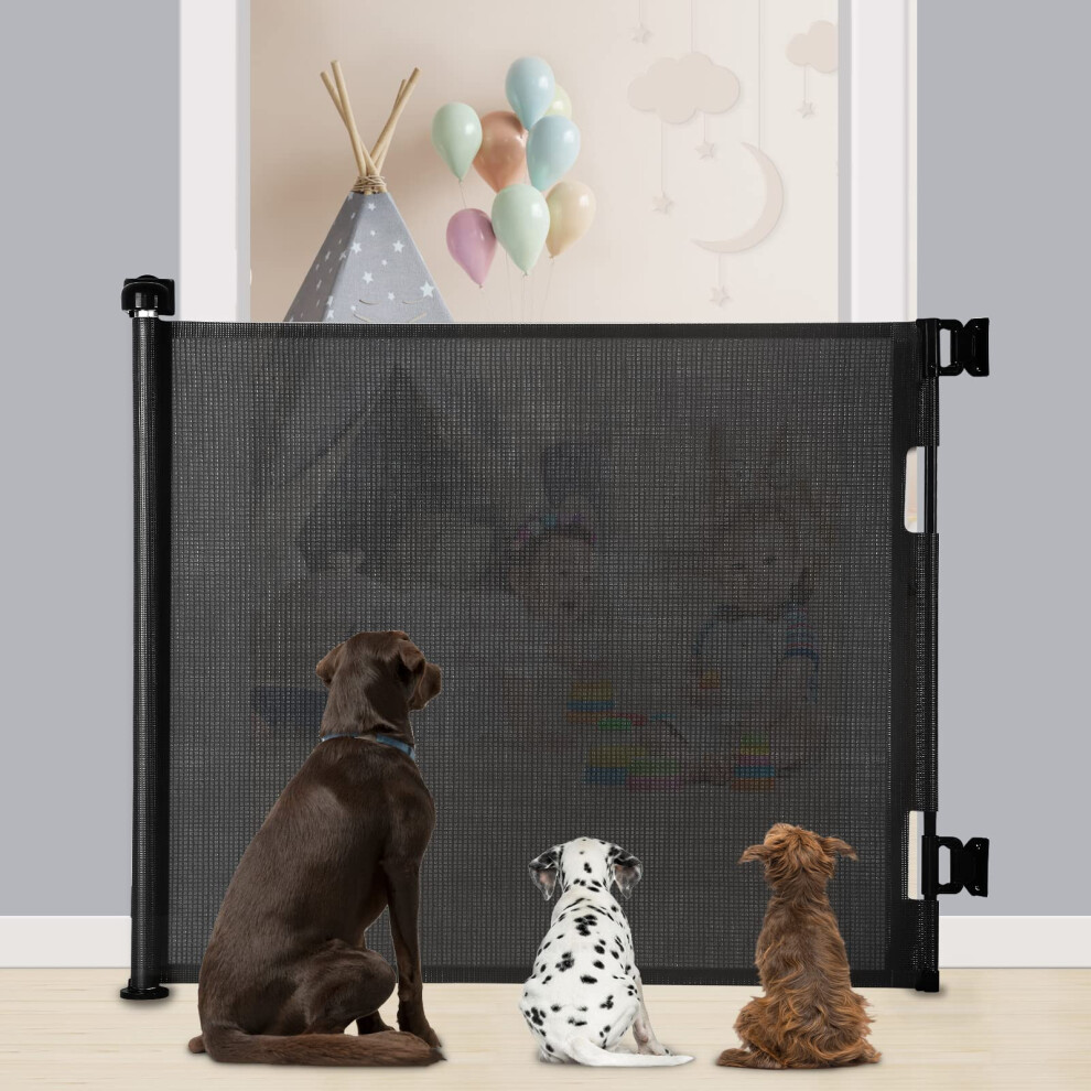 Extra Wide Retractable Dog And Baby Gates - Indoor/Outdoor Stair Gates For Stairways, Hallways, Doorways (, 140 X 86 Cm) Black Mypin