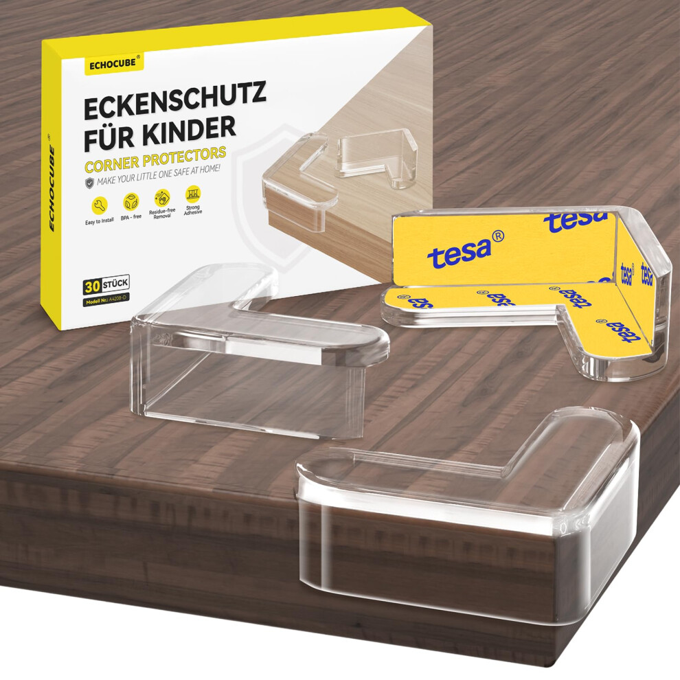 Echocube Corner Protectors For Kids, 30 Pcs Transparent Table Edge Protectors With Strong Tesa Adhesive Tapes, Baby Proofing Safety Corner Guard For