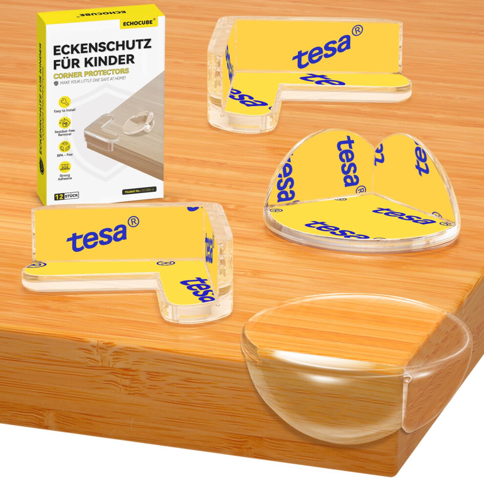 Echocube Clear Corner Protectors, 12 Packs Child Safety Edge Protectors, Baby Proofing Corner Guard With Tesa Adhesive Tapes For Table, Furniture - L