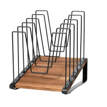 Schräger Schreibtisch-Aktenorganizer, 5-Teiliger Vertikaler Aktenordnerhalter, Metall-Aktensortierständer mit Holzsockel
