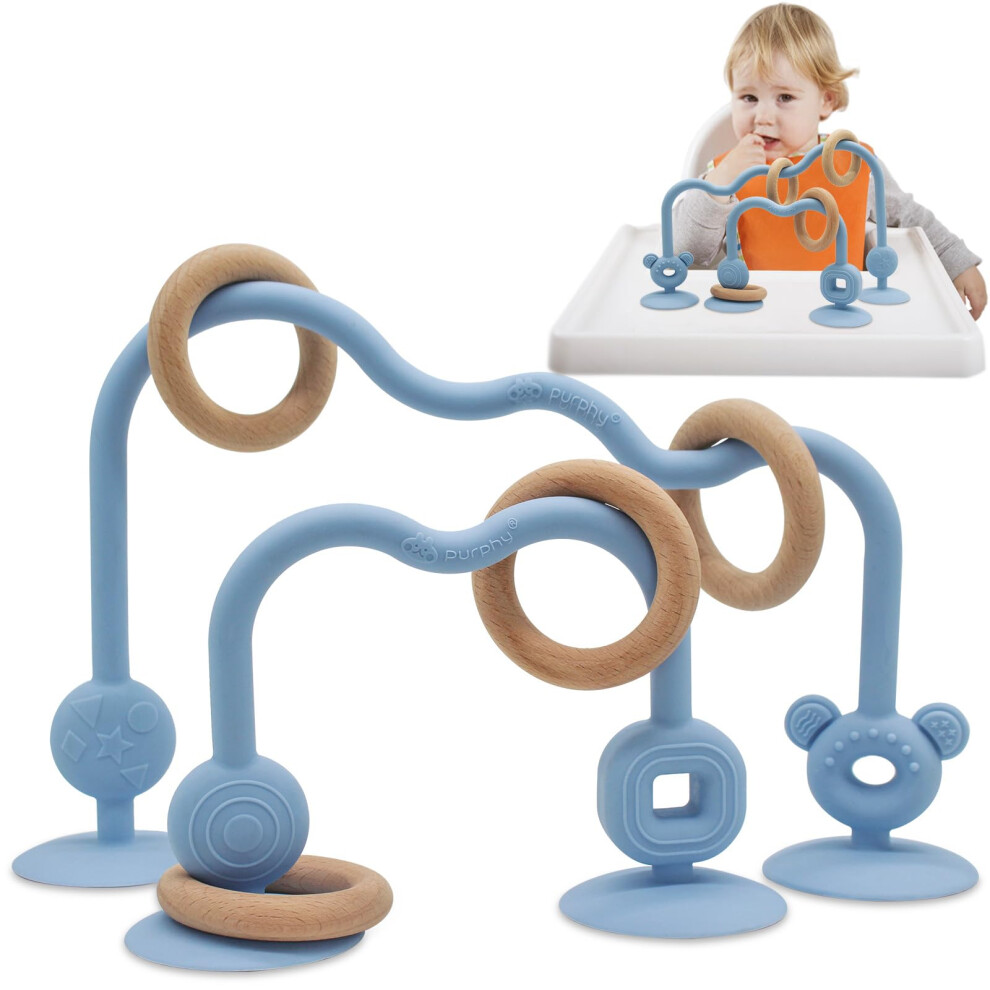 Purphy High Chair Teether - 6 Months Montessori Baby Sensory Toys With Food Grade Silicone And Wooden Materials For Infant Toddlers (Blue)