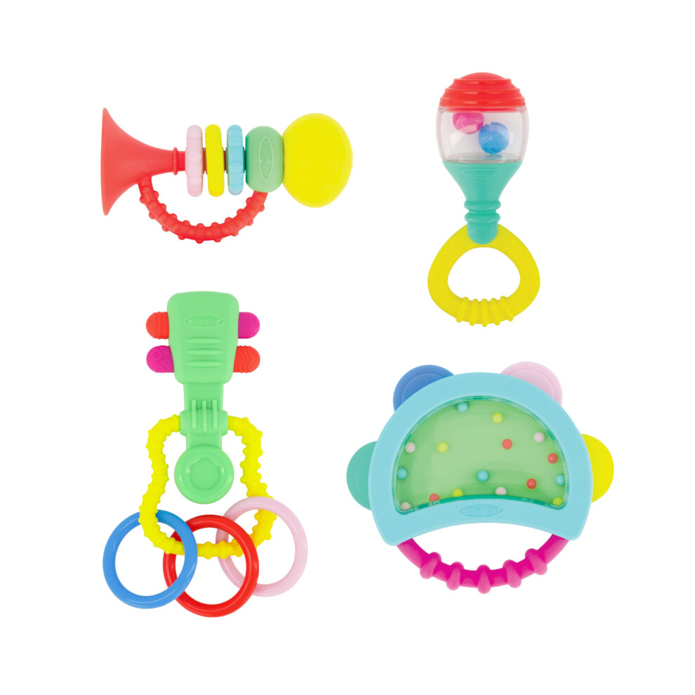 Baby's 1St Teethe And Play Music Set - Baby Essentials 4 Piece Gift Set, Instrument Themed Teethers And Rattles For Sensory Stimulation And Infantino