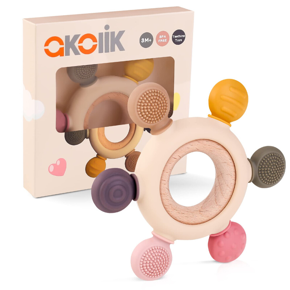 Teething Toys For Baby, Baby Teether, Silicone Teething For Babies 0-6 6-12 Months, Bpa-Free With Wooden Ring Silicone Chewable Teether Akolik