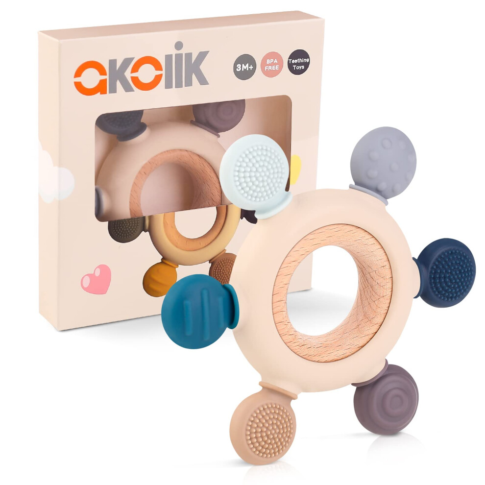 Teething Toys For Baby, Baby Teether, Silicone Teething For Babies 0-6 6-12 Months, Bpa-Free With Wooden Ring Silicone Chewable Teether Akolik