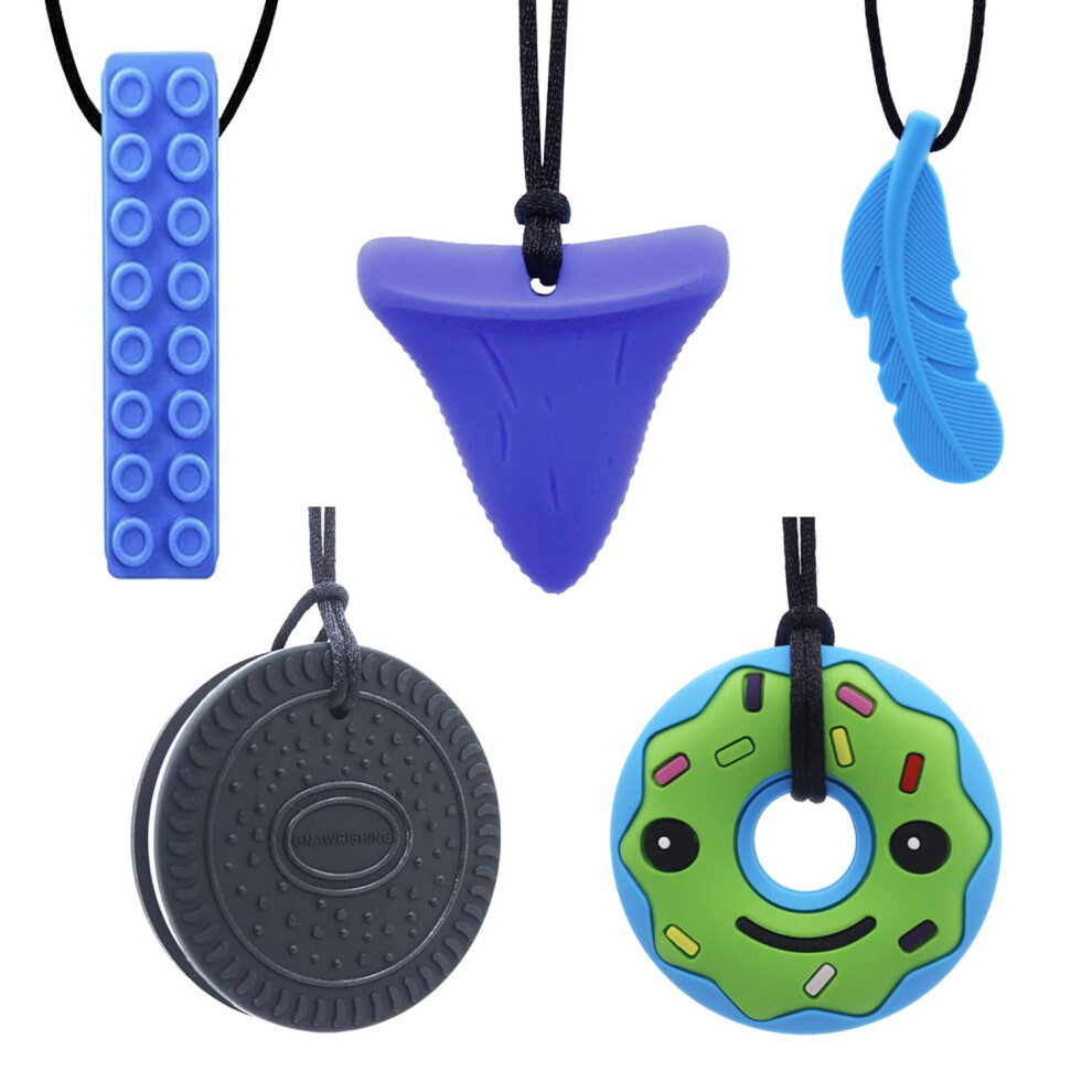 Chew Necklaces For Sensory Kids 5 Pcs Sensory Chewy Toys For Autism Girls And Boys, Adhd Toddler, Adult Blue Gnawrishing