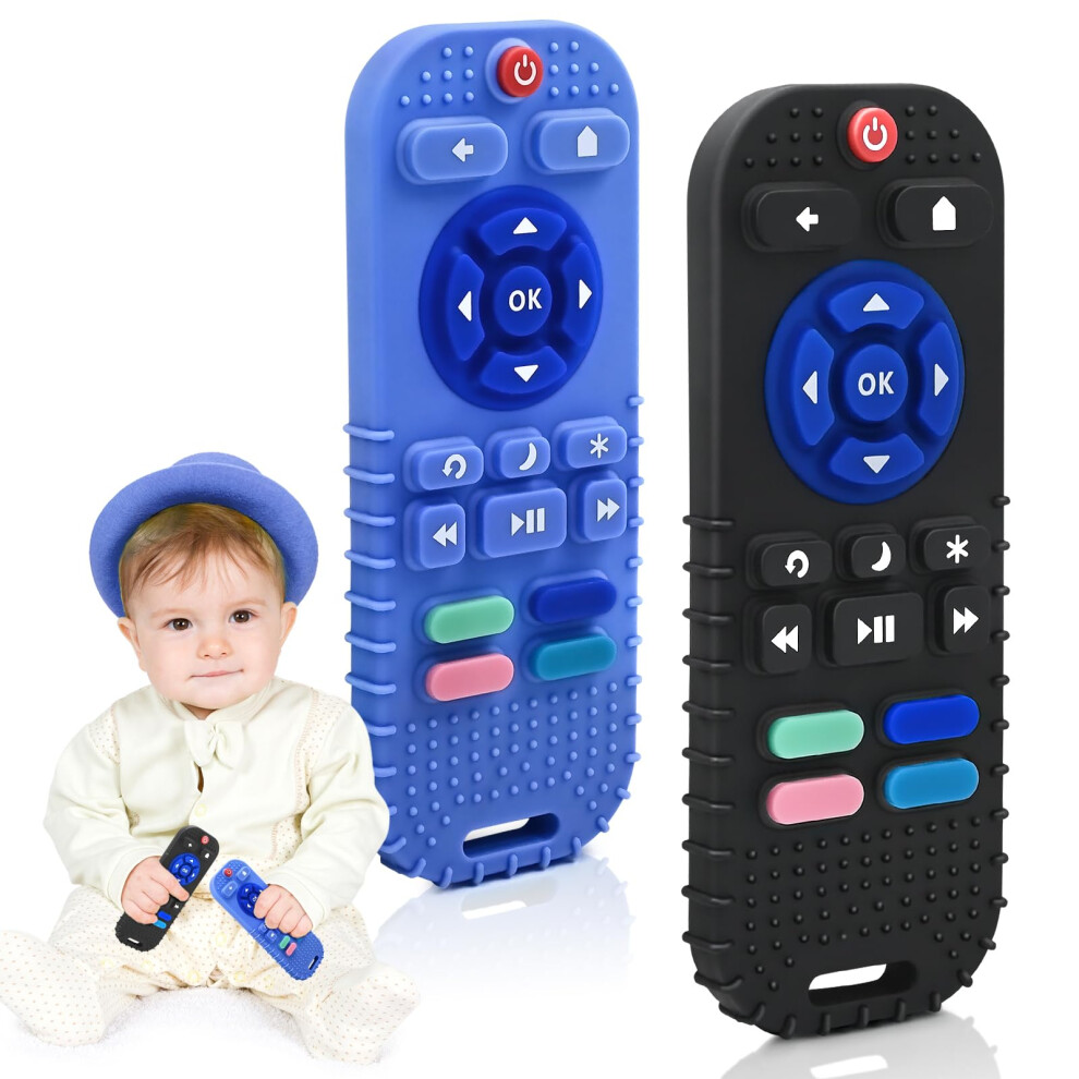 2-Pack Baby Teether For Teething Relief - Sensory Silicone Remote Control Teether Toy For Newborn To 12 Months, & Black/Blue Aituitui