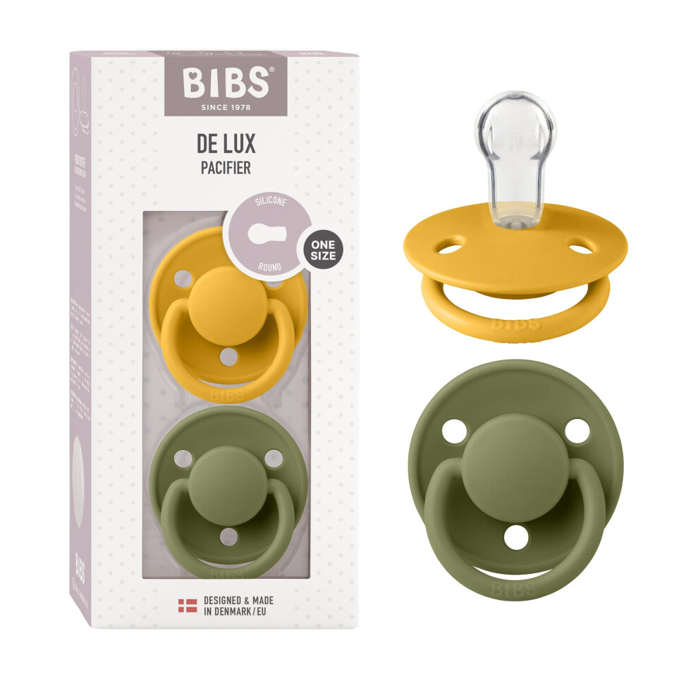 Bibs De Lux Dummies 2-Pack, Bpa Free Dummy Pacifier, Round Nipple. Silicone, Onesize (0-36 Months), Honey Bee/Olive