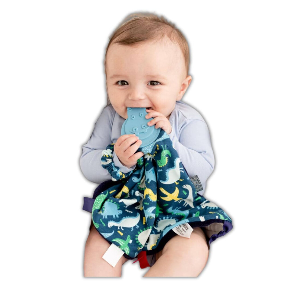 Cheeky Chompers Soft Baby Comforter | 4 In 1 Comfortchew | Baby Teething Aid & Sensory Toy | Silicone Teething Section | Soothing + Comforting | Dino