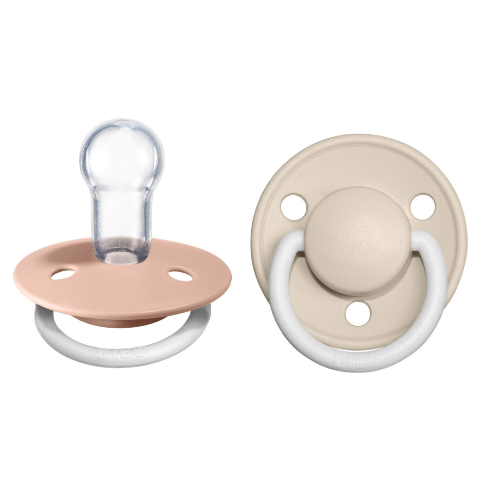 De Lux Dummies 2-Pack, Bpa Free Dummy Pacifier, Round Nipple. Silicone, Onesize (0-36 Months), Blush Night/Vanilla Night Bibs