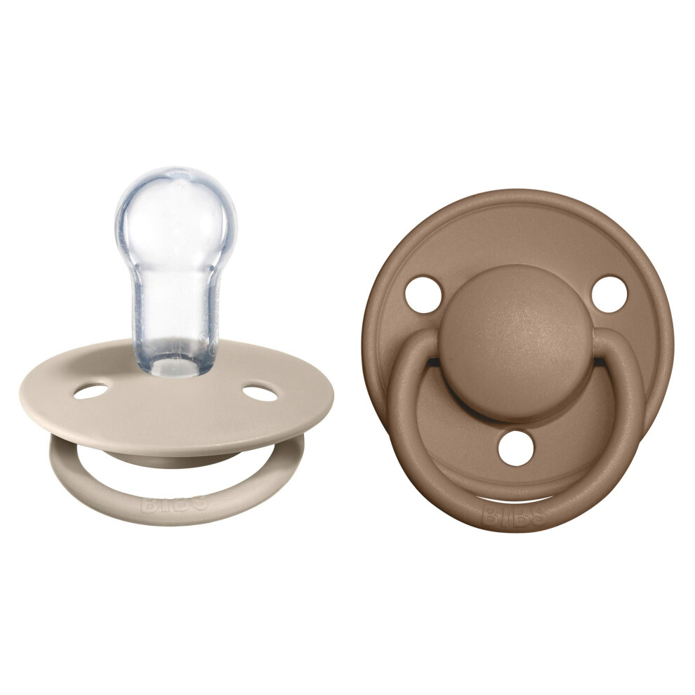 De Lux Dummies 2-Pack, Bpa Free Dummy Pacifier, Round Nipple. Silicone, Onesize (0-36 Months), Vanilla/ Oak Dark Bibs