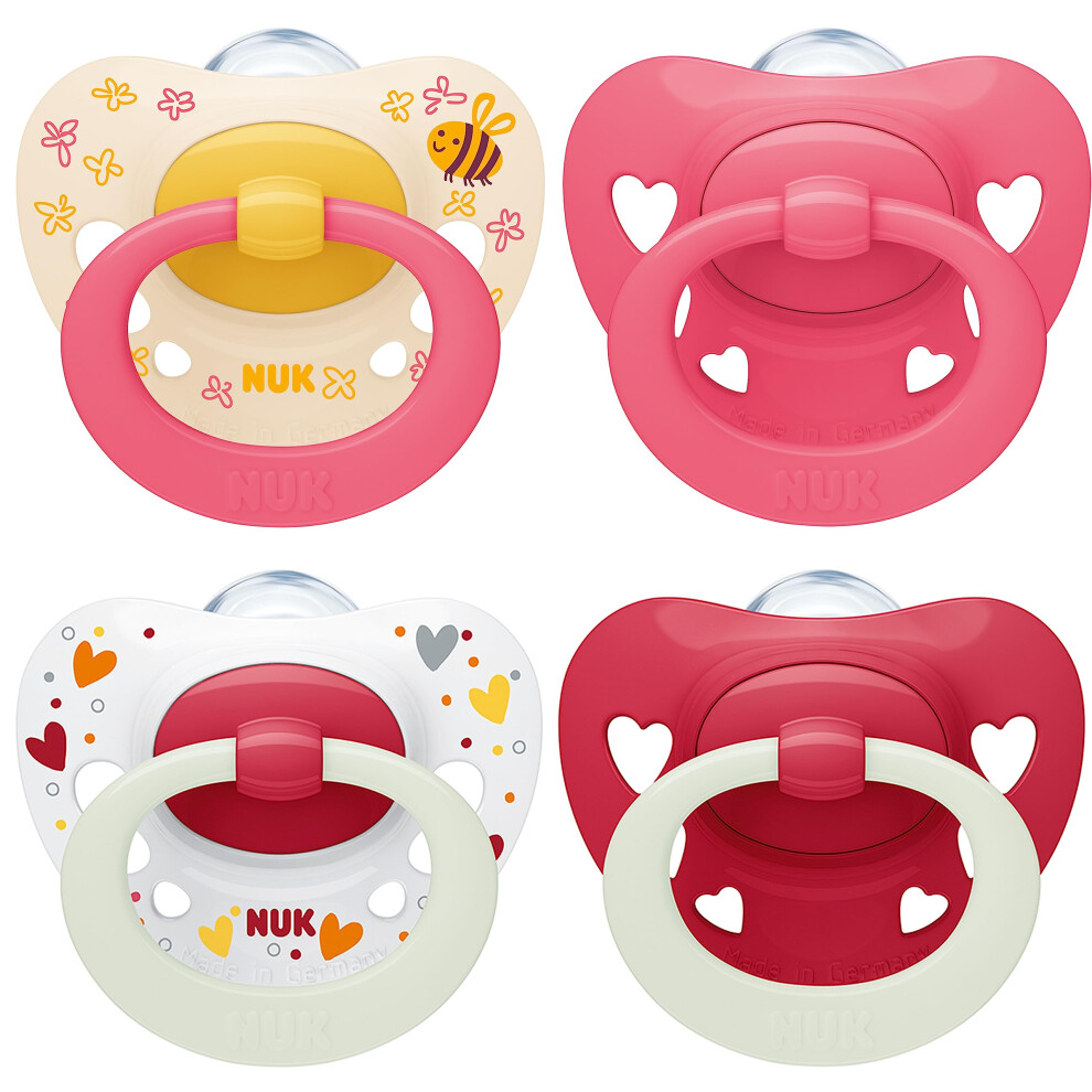 Signature Day & Night Baby Dummy | 6-18 Months | Soothes 95% Of Babies | Heart-Shaped Bpa-Free Silicone Soothers | Glow-In-The- | Hearts | 4 Dark Nuk