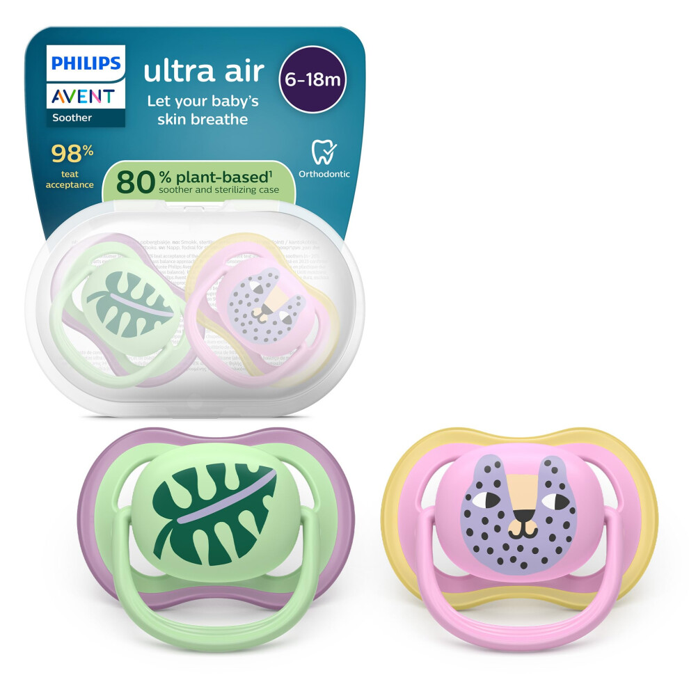 Avent Philips Ultra Air Soothers - Orthodontic Design, For Babies 6-18 Months, Soft Silicone Symmetrical Teat, Bpa-Free, With Sterilizing Case, 2 Pack