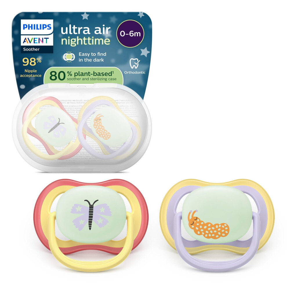 Philips Ultra Air Nighttime Soothers - Orthodontic Design, For Babies 0-6 Months, Glow In The Soft Silicone Symmetrical Teat, Bpa-Free, Dark Avent