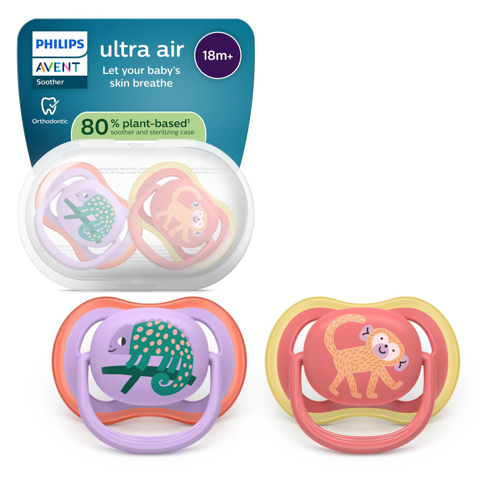 Philips Ultra Air Soothers - Orthodontic Design, For Babies 18 Months+, Soft Silicone Symmetrical Teat, Bpa-Free, With Sterilizing Case, 2 Pack, Avent