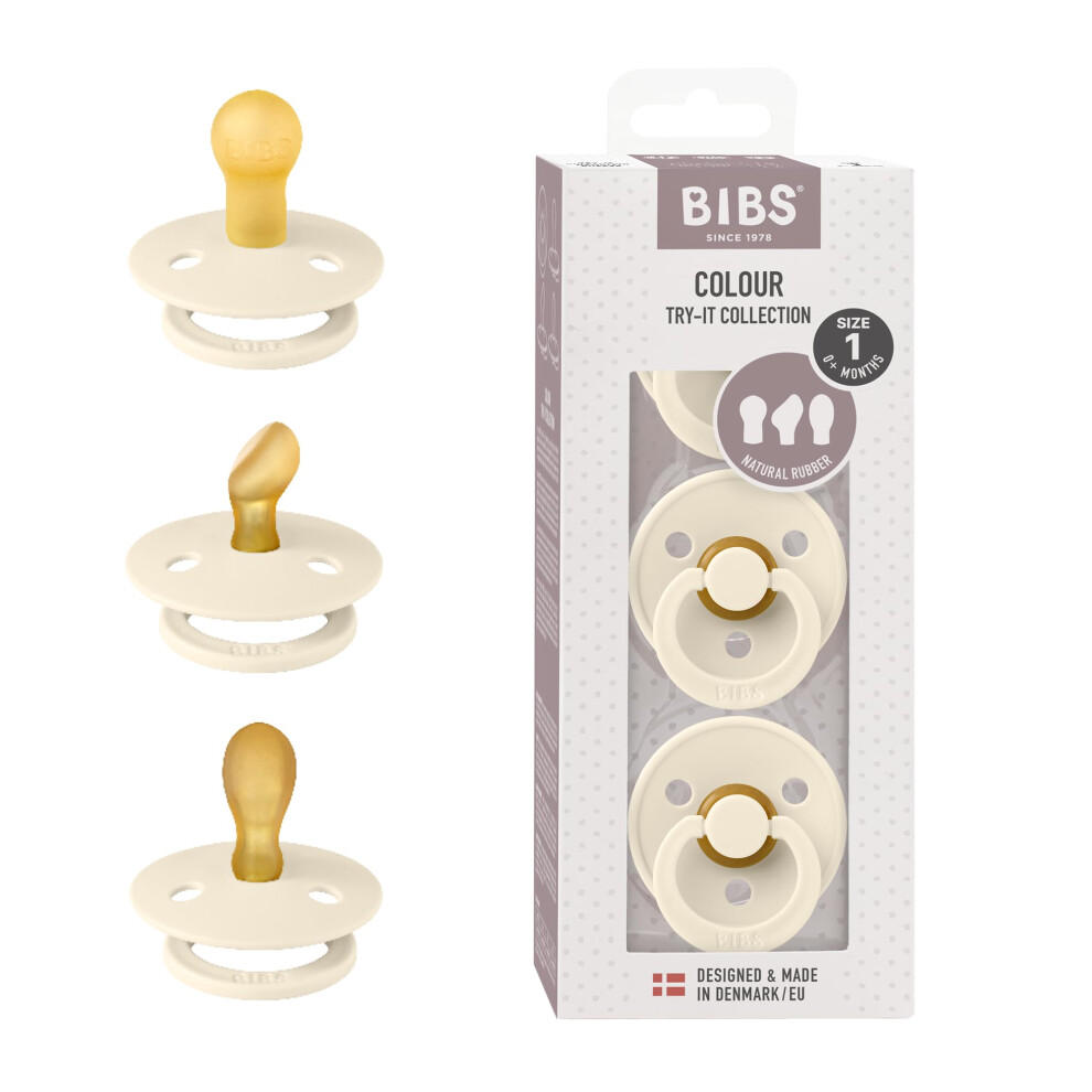 Bibs Colour Try-It Collection: 3 Soothers For Your Baby's Unique Needs, Round, Symmetrical And Orthodontic Nipple. Natural Rubber Latex, 0+ Months