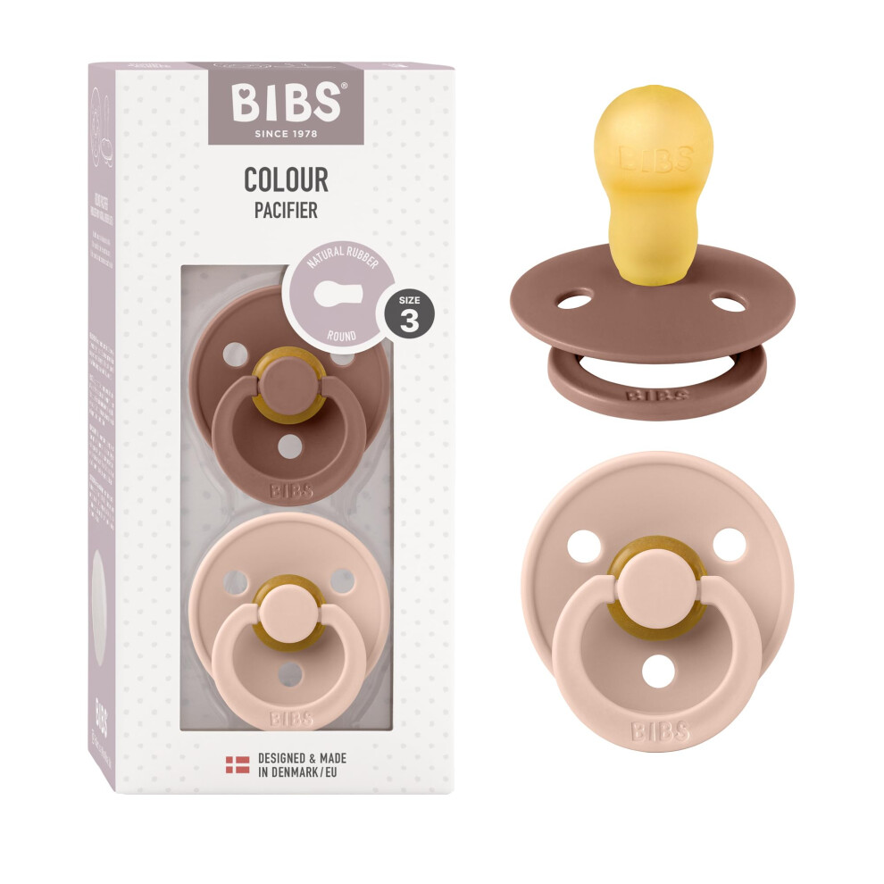 Colour Soother 2-Pack, Bpa Free Dummy Pacifier, Round Nipple. Natural Rubber Latex, Size 3 (18+ Months), Woodchuck/Blush Bibs