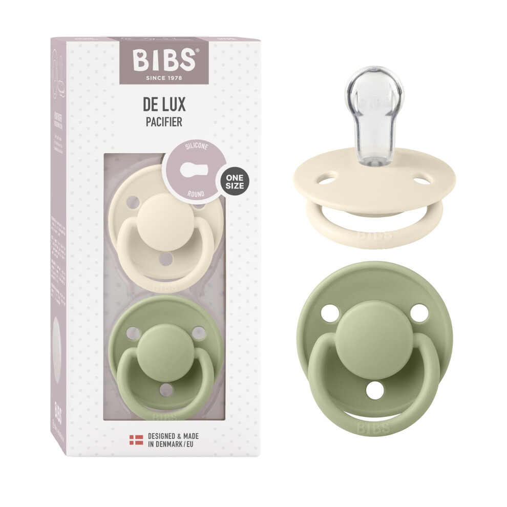 De Lux Dummies 2-Pack, Bpa Free Dummy Pacifier, Round Nipple. Silicone, Onesize (0-36 Months), /Sage Ivory Bibs