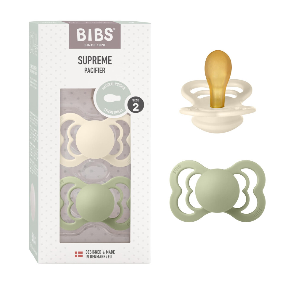 Supreme Soother 2-Pack, Bpa Free Dummy Pacifier, Symmetrical Nipple. Natural Rubber Latex, Size 2 (6-18 Months), /Sage Ivory Bibs